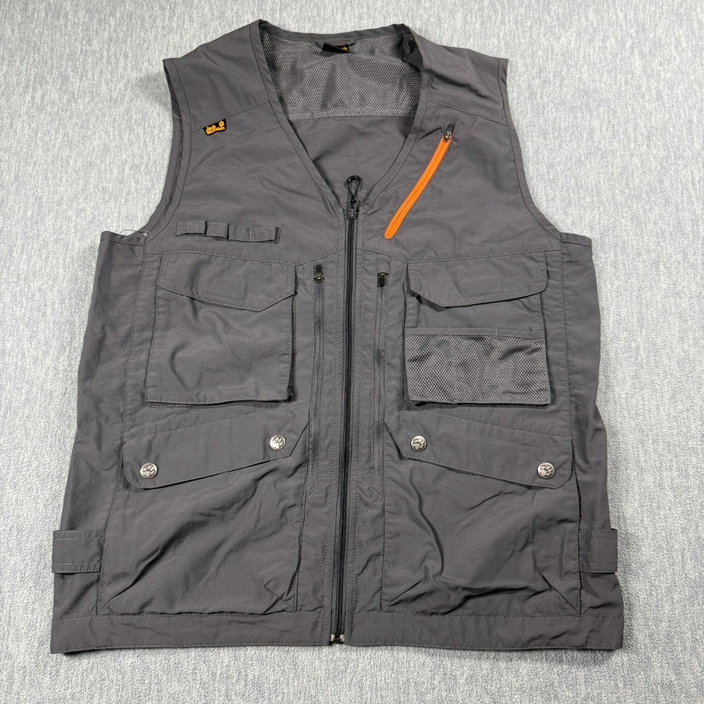 Jack Wolfskin Tactical Utility Vest Mens L Gray Multi Pocket Travel Fishing Gile